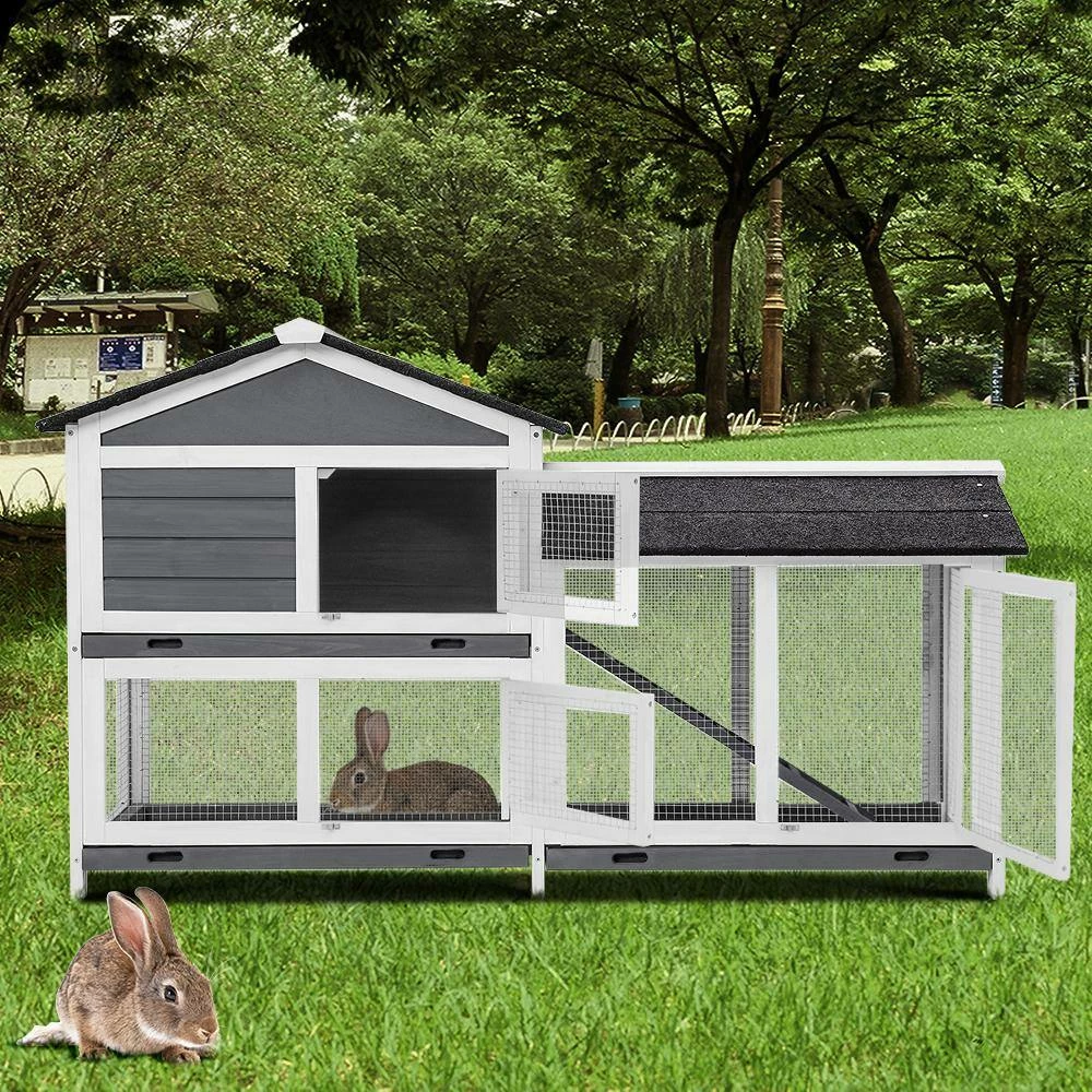 5.1 ft. x 1.7 ft x 3.1 ft. Small Animal House Pet Rabbit Hutch Wooden Chicken Coop with Tray and Ramp - Medium Gray by Angel Sar - Image 10