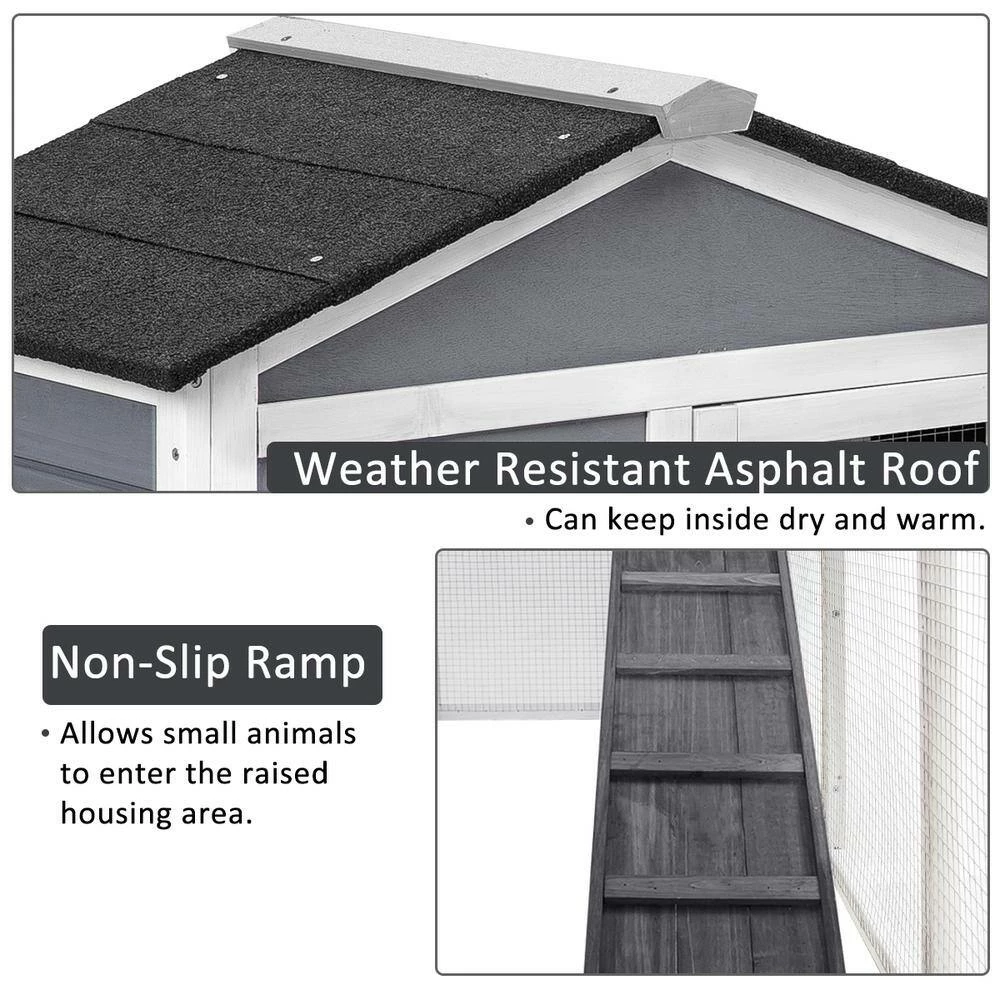 5.1 ft. x 1.7 ft x 3.1 ft. Small Animal House Pet Rabbit Hutch Wooden Chicken Coop with Tray and Ramp - Medium Gray by Angel Sar - Image 7