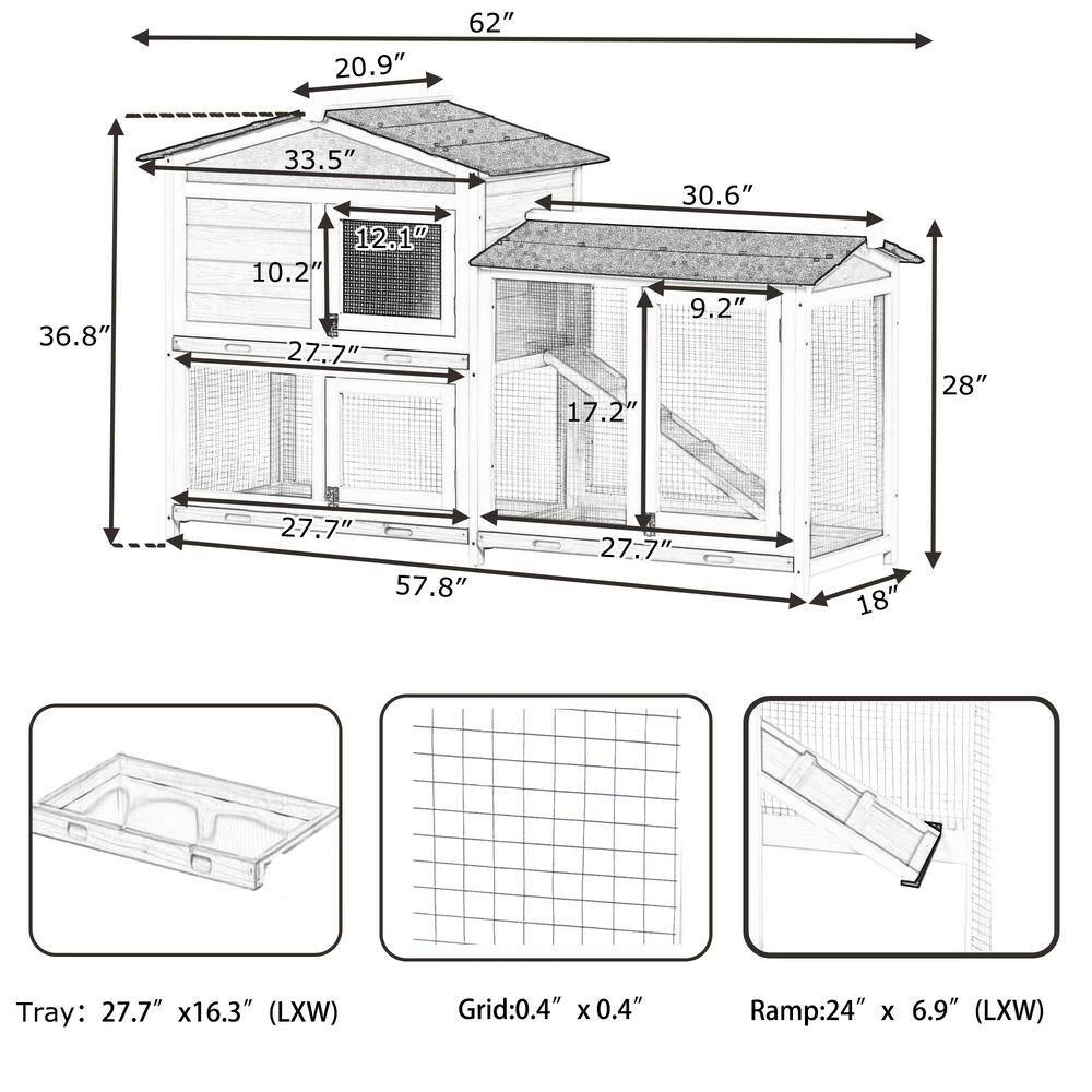 5.1 ft. x 1.7 ft x 3.1 ft. Small Animal House Pet Rabbit Hutch Wooden Chicken Coop with Tray and Ramp - Medium Gray by Angel Sar - Image 5