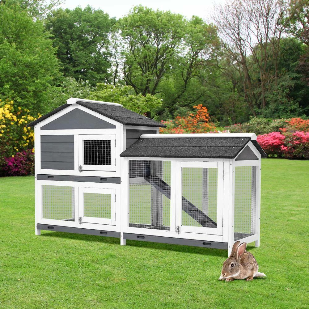 5.1 ft. x 1.7 ft x 3.1 ft. Small Animal House Pet Rabbit Hutch Wooden Chicken Coop with Tray and Ramp - Medium Gray by Angel Sar - Image 2