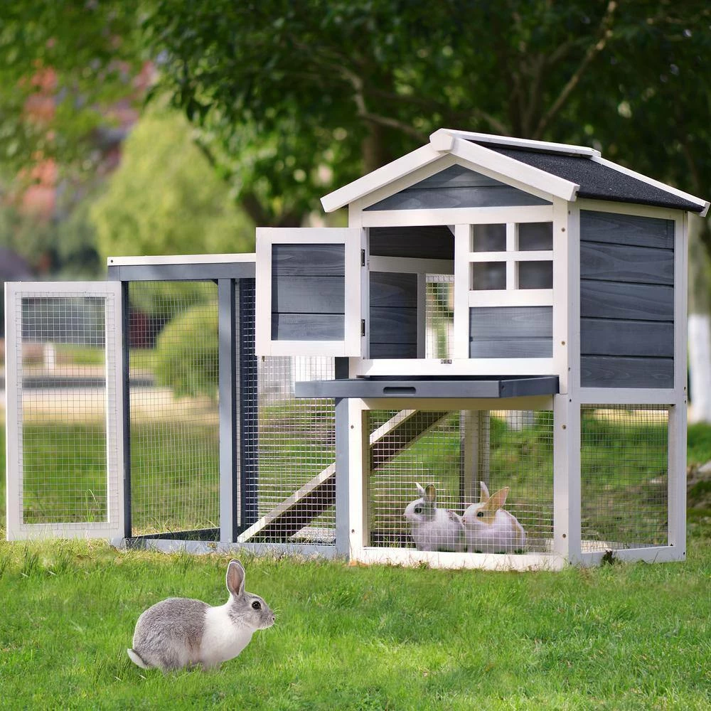 4 ft. x 2.1 ft x 2.9 ft. Small Animal House Wood Chicken Coop Rabbit Hutch with Tray and Ramp - Medium Gray by Angel Sar - Image 10