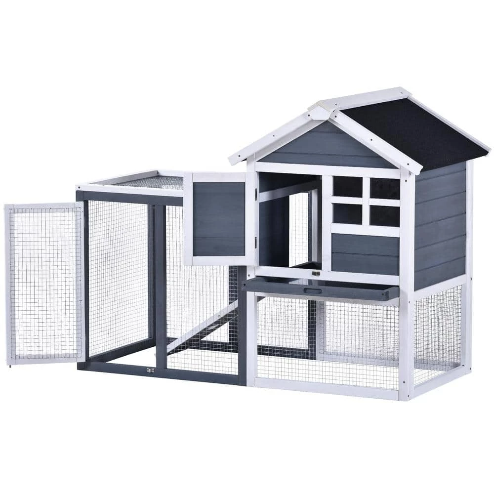 4 ft. x 2.1 ft x 2.9 ft. Small Animal House Wood Chicken Coop Rabbit Hutch with Tray and Ramp - Medium Gray by Angel Sar