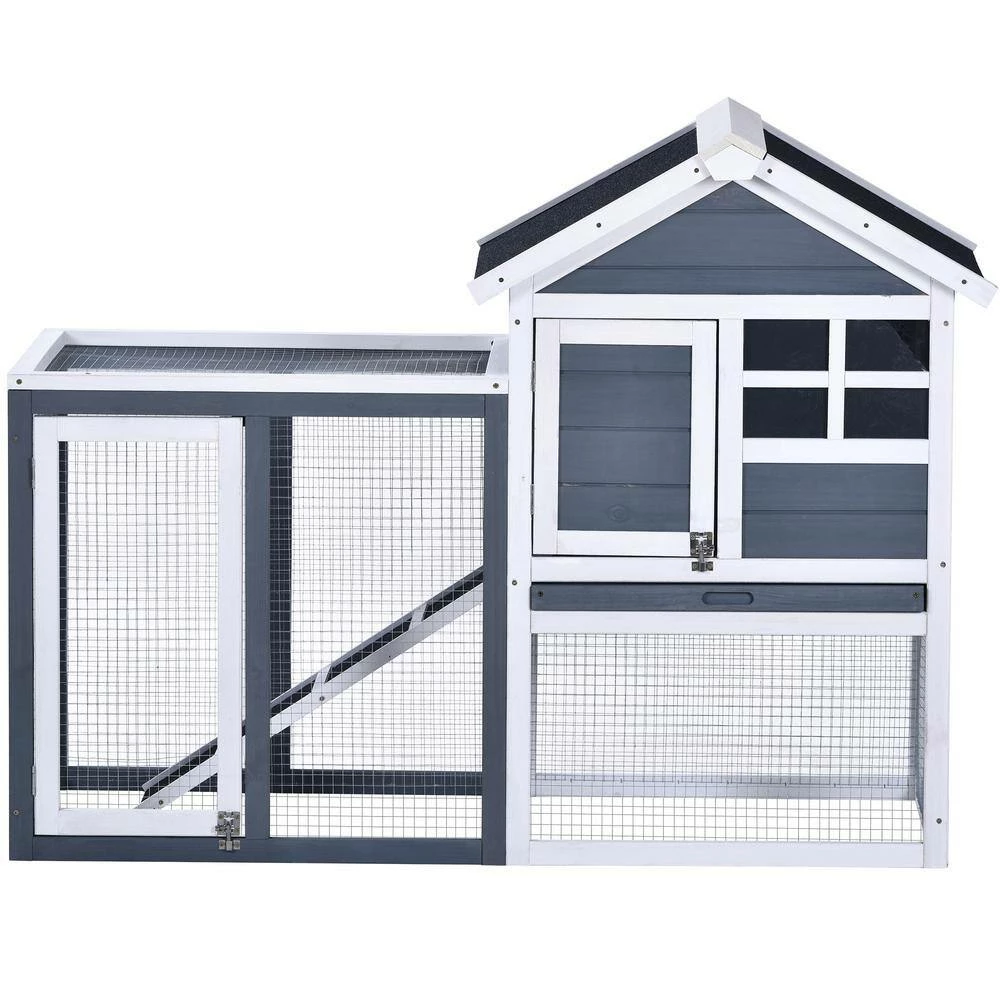 4 ft. x 2.1 ft x 2.9 ft. Small Animal House Wood Chicken Coop Rabbit Hutch with Tray and Ramp - Medium Gray by Angel Sar - Image 4