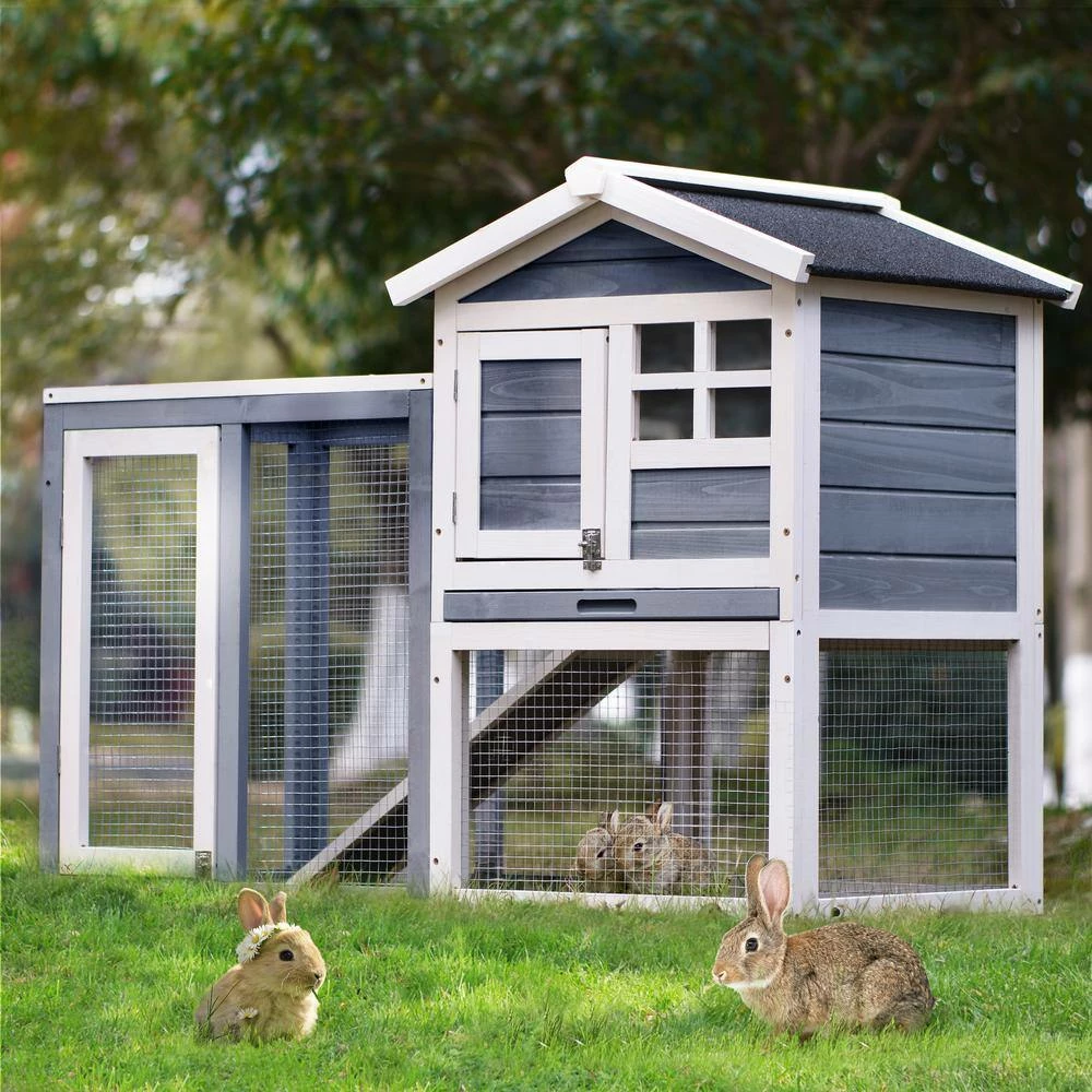 4 ft. x 2.1 ft x 2.9 ft. Small Animal House Wood Chicken Coop Rabbit Hutch with Tray and Ramp - Medium Gray by Angel Sar - Image 2