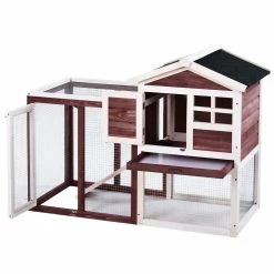 4 ft. x 2.1 ft x 2.9 ft. Small Animal House Wood Chicken Coop Rabbit Hutch with Tray and Ramp - Medium Auburn and White by Angel Sar