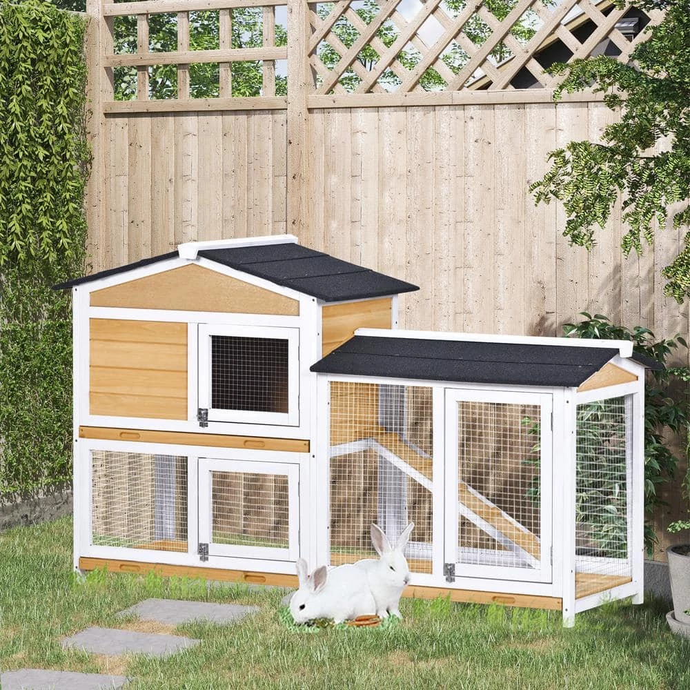 5.1 ft. x 1.7 ft x 3.1 ft. Small Animal House Pet Rabbit Hutch Wooden Chicken Coop with Tray and Ramp - Medium Natural by Angel Sar - Image 2