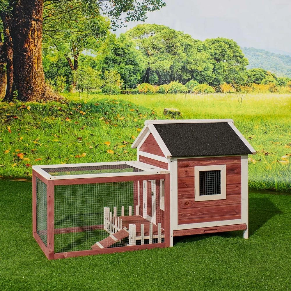 4.9 ft. x 2.2 ft. x 2.8 ft. Wood Small Animal House Rabbit Hutch Chicken Coop with Porch Fence - Medium Auburn by Angel Sar - Image 2