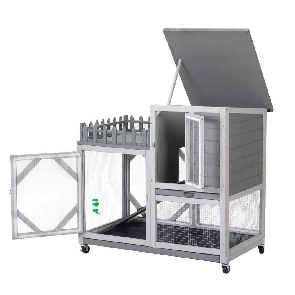 Pine Wood Bunny Cage with Casters, Indoor and Outdoor Animal House by Kahomvis - Image 3