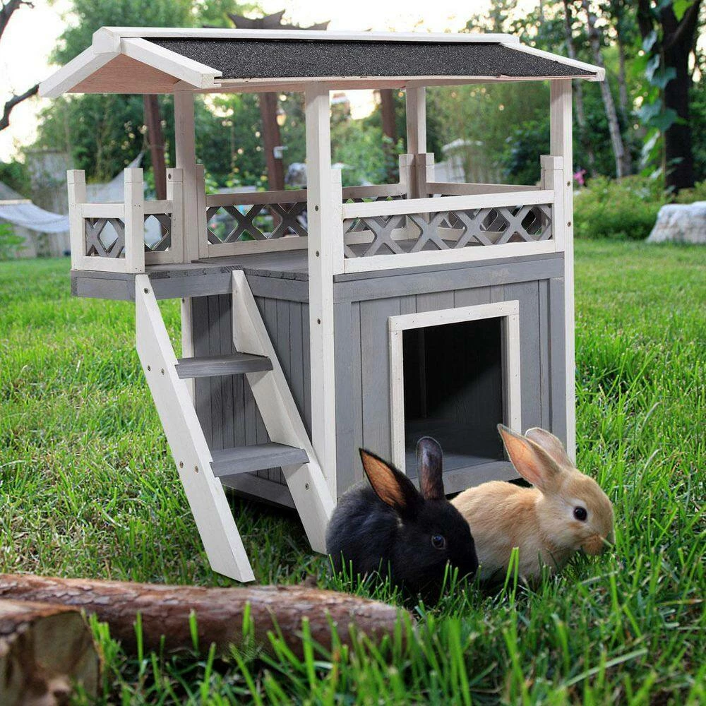 2-Tier Wood Rabbit Hutch Outdoor Pet House with Roof and Ladder, Pet Shelter for Indoor and Outdoor, Gray and White by Unbranded - Image 5