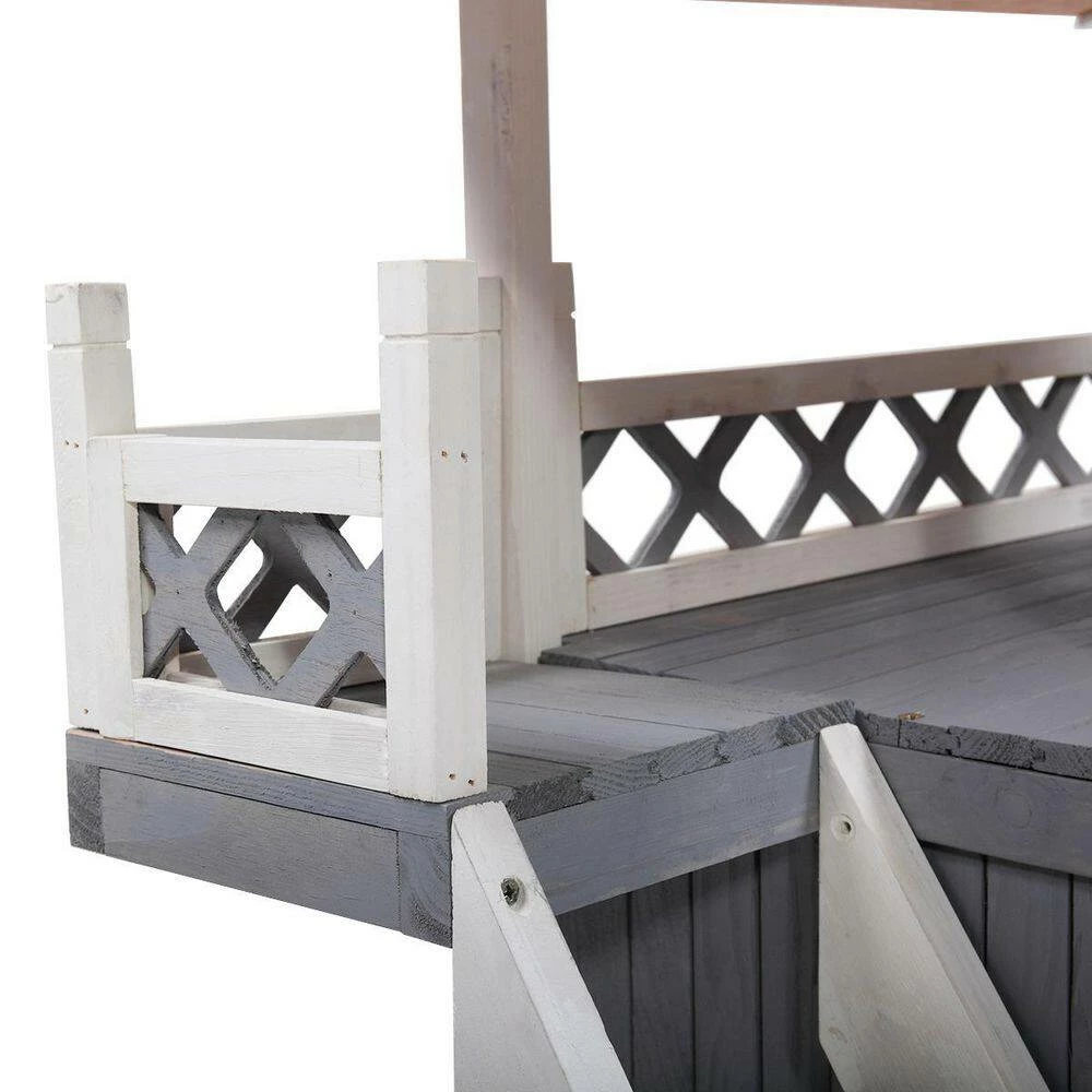 2-Tier Wood Rabbit Hutch Outdoor Pet House with Roof and Ladder, Pet Shelter for Indoor and Outdoor, Gray and White by Unbranded - Image 3