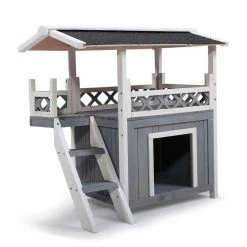 2-Tier Wood Rabbit Hutch Outdoor Pet House with Roof and Ladder, Pet Shelter for Indoor and Outdoor, Gray and White by Unbranded