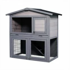 Wooden Outdoor Rabbit Hutch with Running Cage Removable Tray Ramp 2 Story Design in Gray by Foobrues
