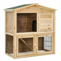 2-Story Wooden Chicken Coop Rabbit Hutch Bunny Cage Small Animal House Shelter House in Natural with Ramp by WELLFOR