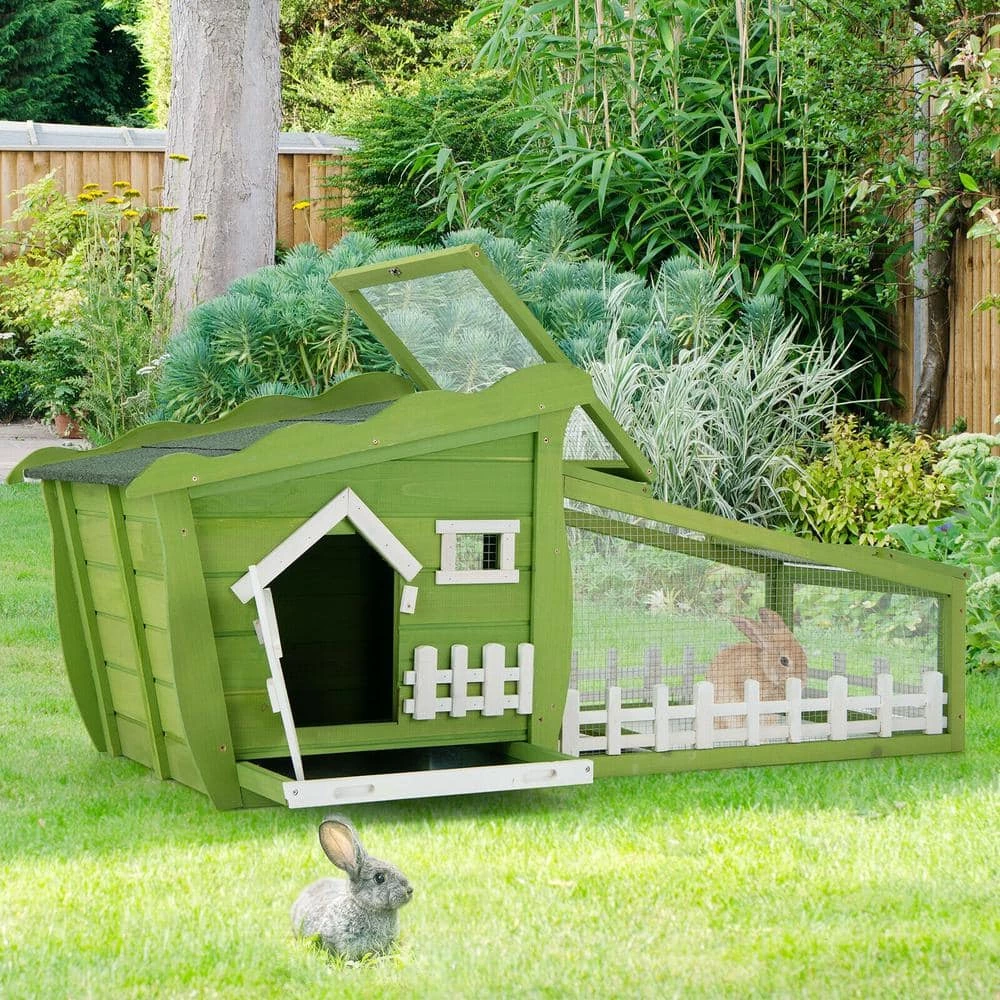 62 in. Wooden Cute Rabbit Hutch Bunny Cage Small Animal House Chicken Coop in Green with Removable Tray by WELLFOR - Image 7