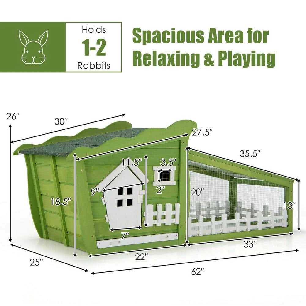 62 in. Wooden Cute Rabbit Hutch Bunny Cage Small Animal House Chicken Coop in Green with Removable Tray by WELLFOR - Image 4