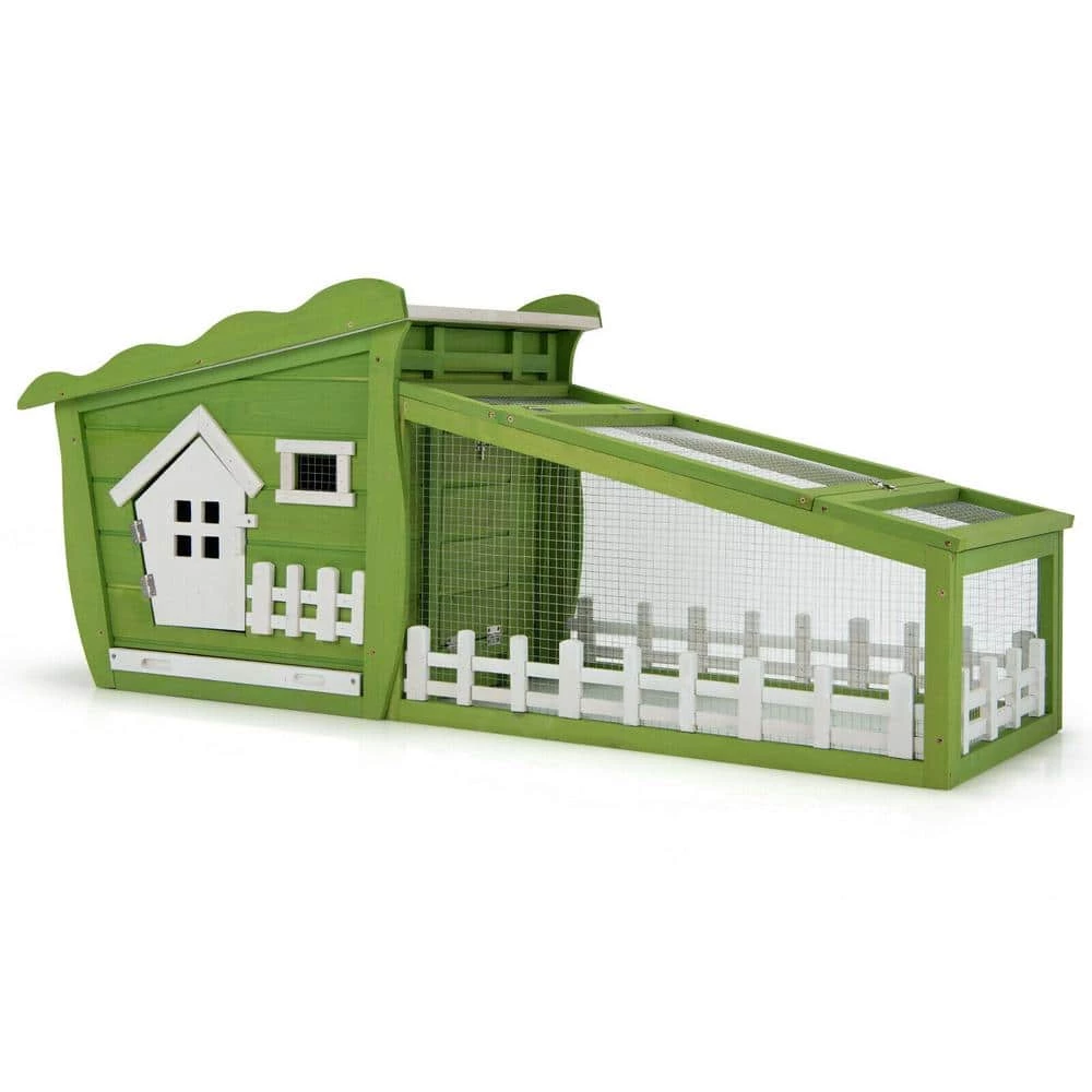62 in. Wooden Cute Rabbit Hutch Bunny Cage Small Animal House Chicken Coop in Green with Removable Tray by WELLFOR