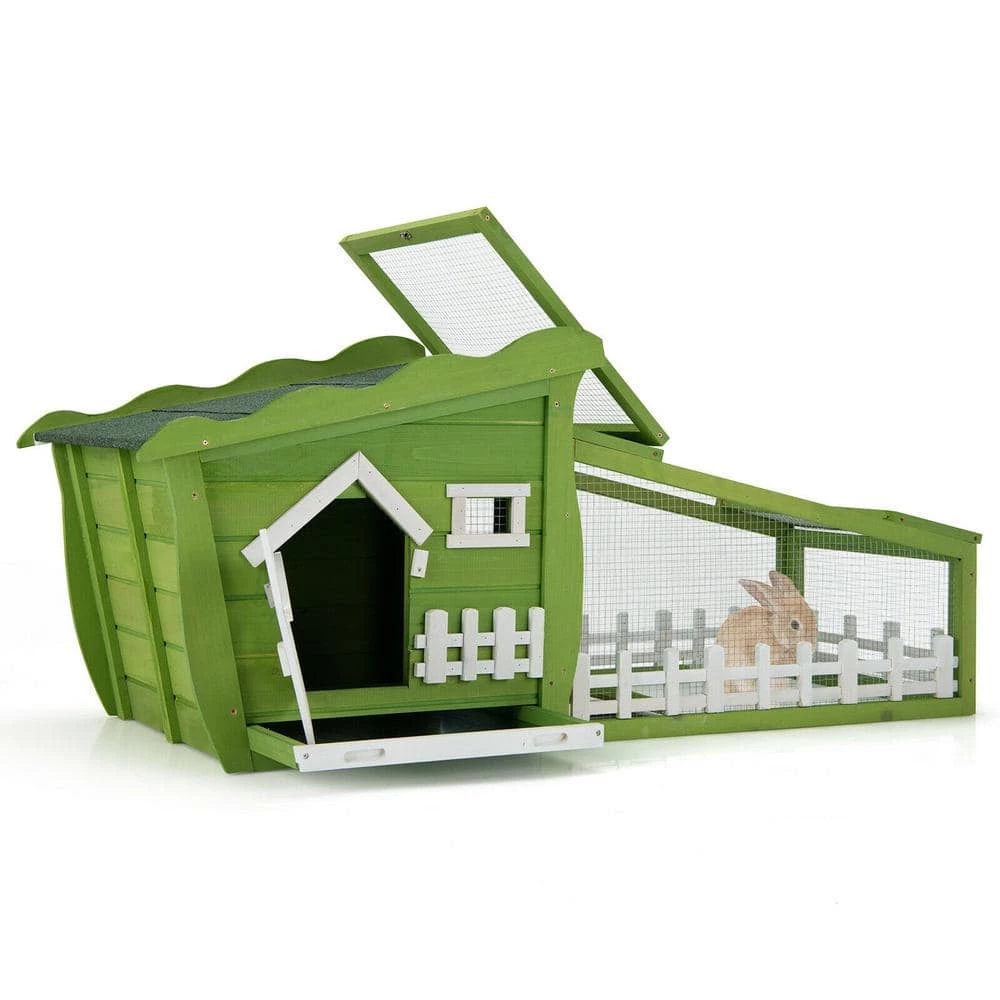 62 in. Wooden Cute Rabbit Hutch Bunny Cage Small Animal House Chicken Coop in Green with Removable Tray by WELLFOR - Image 3