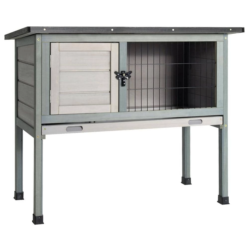 Wooden Elevated Rabbit Hutch Bunny Cage Small Animal House in Gray with Removable Tray by WELLFOR