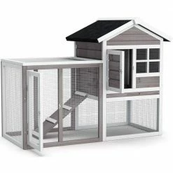 2-Story Wooden Rabbit Hutch Bunny Cage Small Animal House Shelter House in Gray with Ramp and Removable Tray by WELLFOR