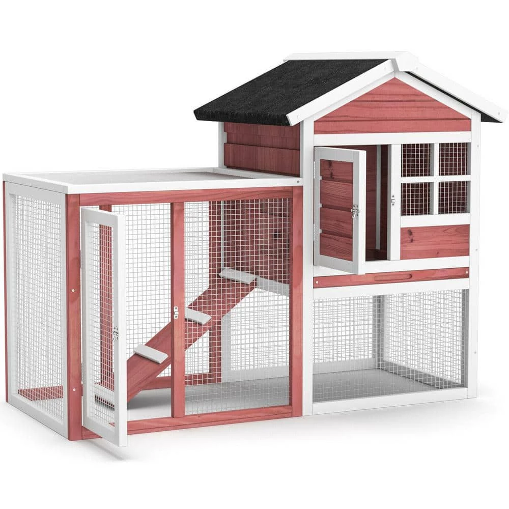 2-Story Wooden Rabbit Hutch Bunny Cage Small Animal House Shelter House in Auburn with Ramp and Removable Tray by WELLFOR