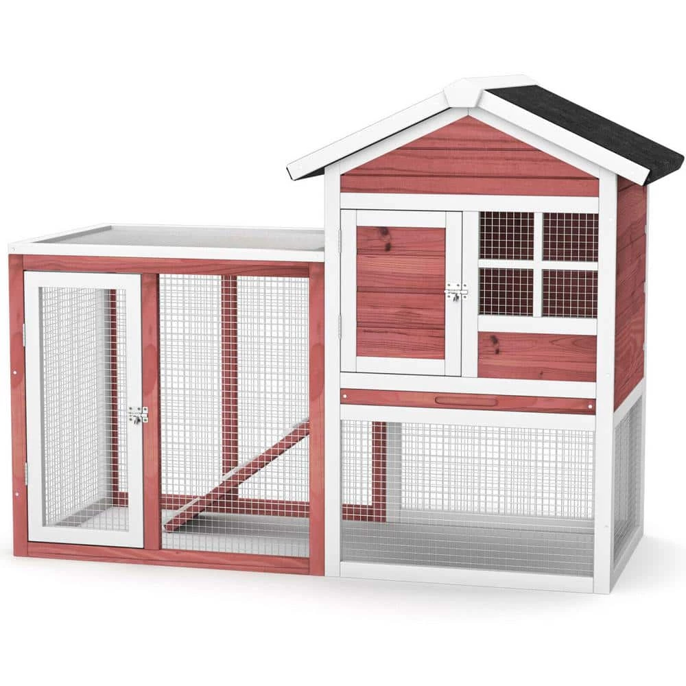 2-Story Wooden Rabbit Hutch Bunny Cage Small Animal House Shelter House in Auburn with Ramp and Removable Tray by WELLFOR - Image 3