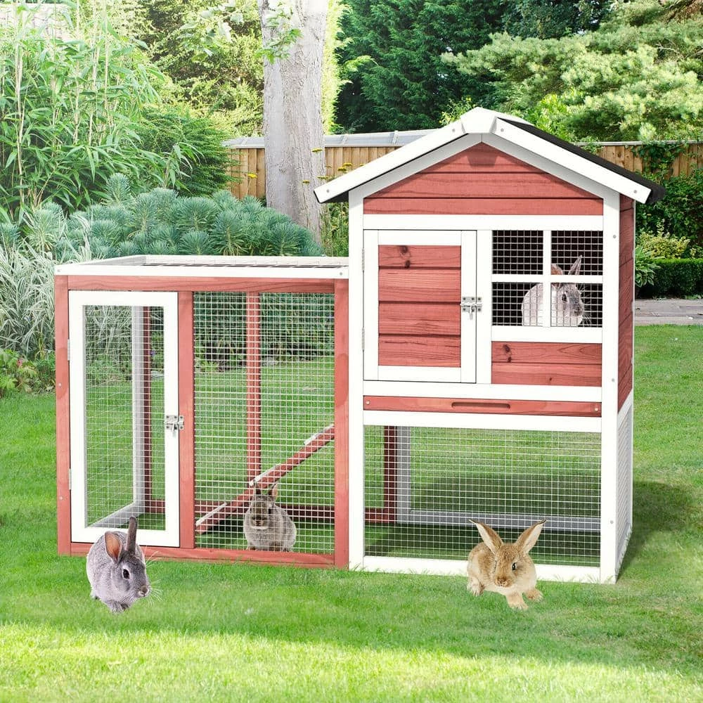 2-Story Wooden Rabbit Hutch Bunny Cage Small Animal House Shelter House in Auburn with Ramp and Removable Tray by WELLFOR - Image 2