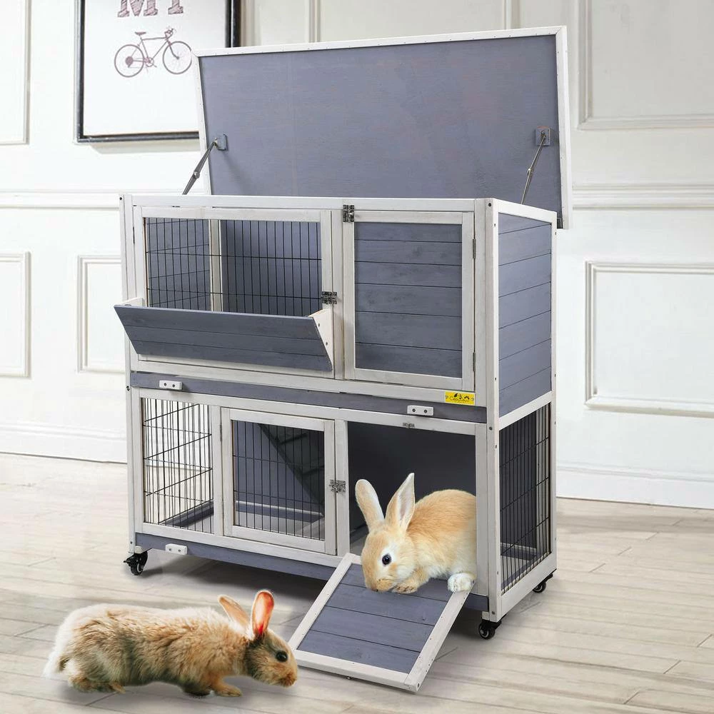 2-Tier Rabbit Hutch Bunny House with Lockable Casters by COZIWOW - Image 6