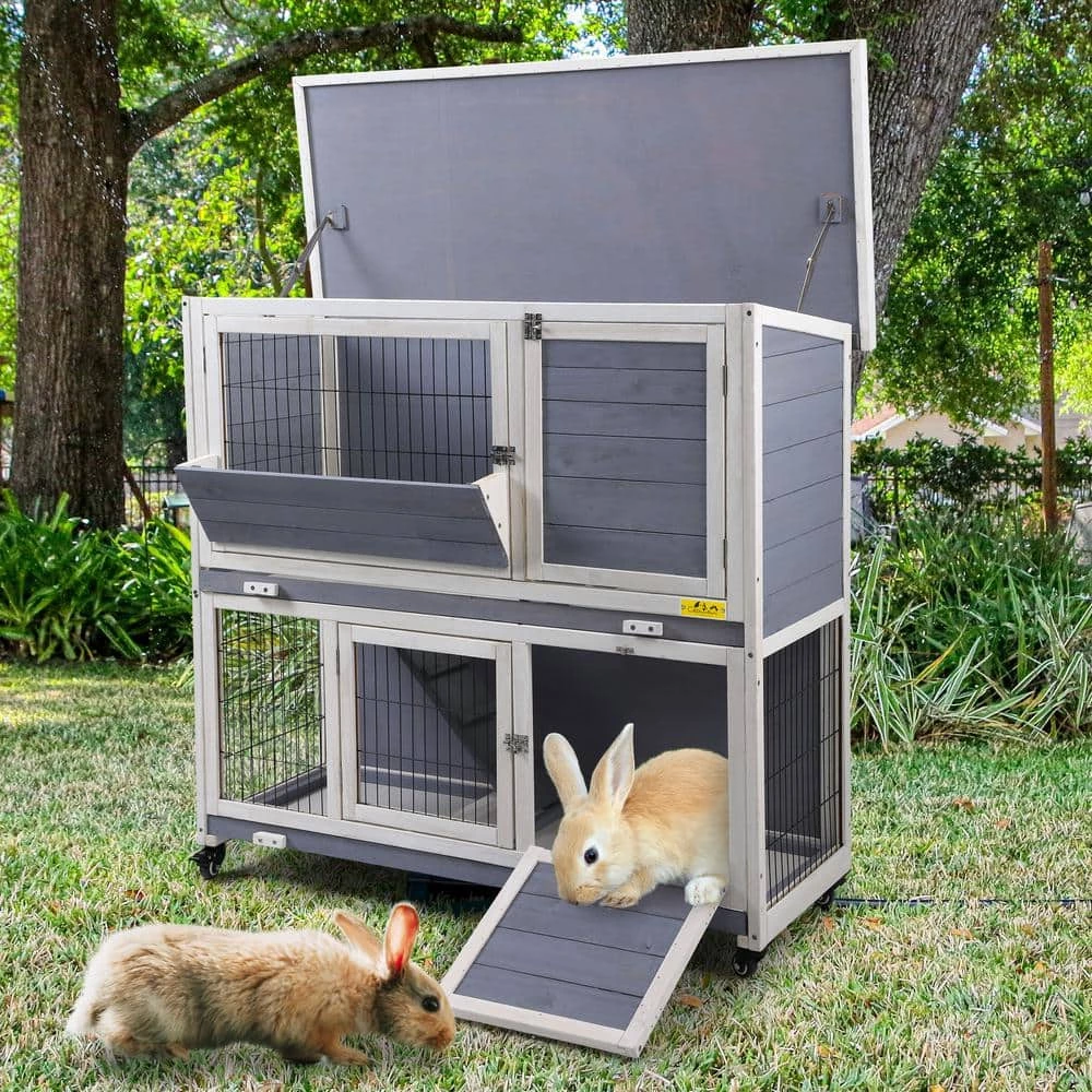 2-Tier Rabbit Hutch Bunny House with Lockable Casters by COZIWOW - Image 3