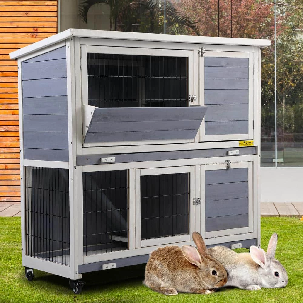 2-Tier Rabbit Hutch Bunny House with Lockable Casters by COZIWOW - Image 2