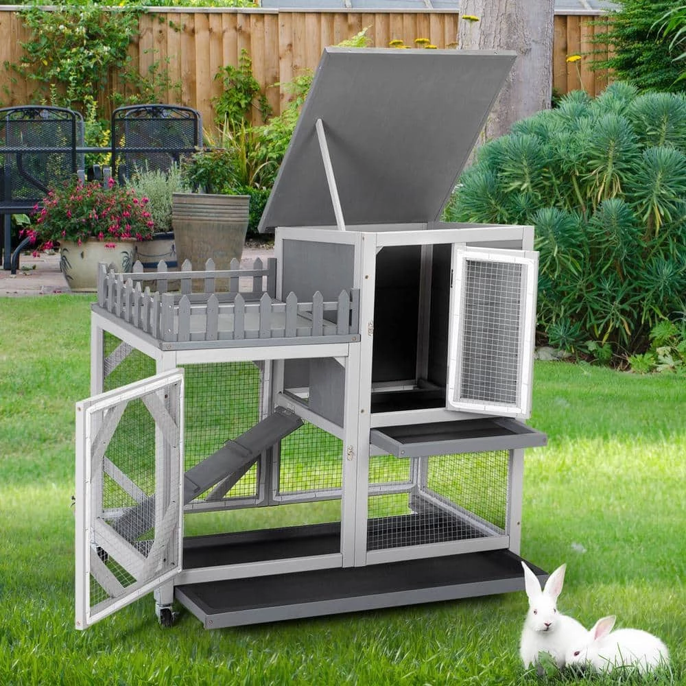Rabbit Hutch with Balcony and Universal Wheels by COZIWOW - Image 3