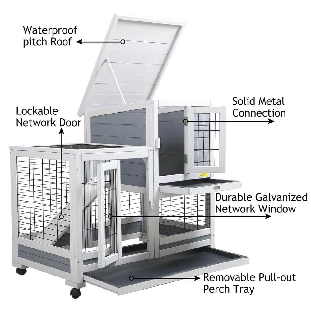 Wooden Rabbit Hutch Bunny Cage Small Animal House with 4 Casters by COZIWOW - Image 5