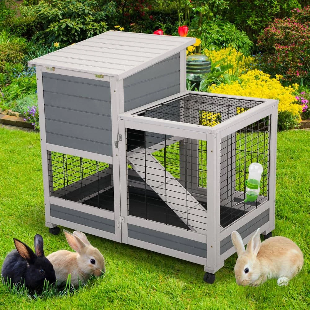 Wooden Rabbit Hutch Bunny Cage Small Animal House with 4 Casters by COZIWOW - Image 7