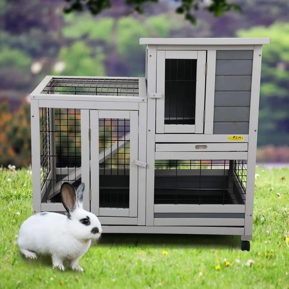 Wooden Rabbit Hutch Bunny Cage Small Animal House with 4 Casters by COZIWOW - Image 2