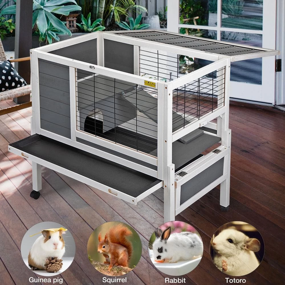 Moveable Wooden Rabbit Hutch Hamster Cage withPull Out Tray and Wheels by COZIWOW - Image 4