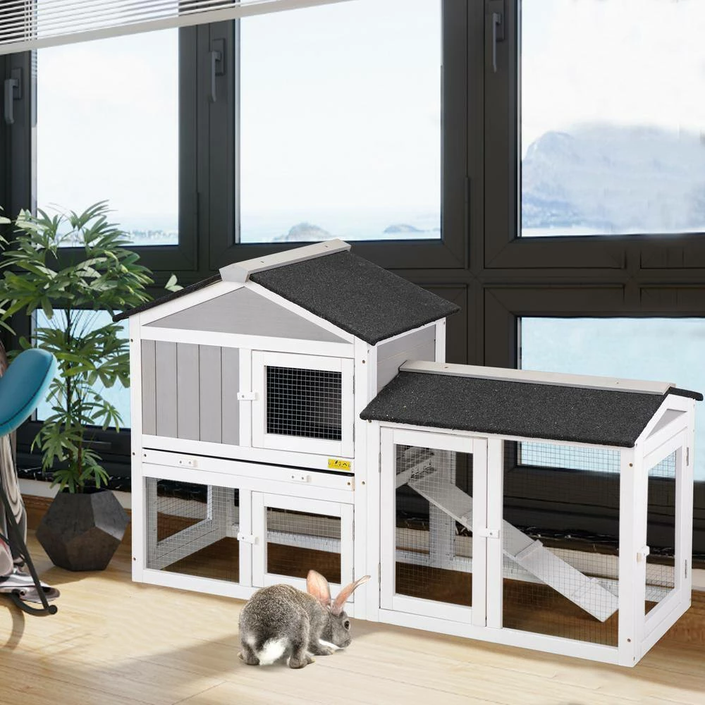 2-Tier Wooden Rabbit Hutch Pet House with Nest, Run and Tray by COZIWOW - Image 6