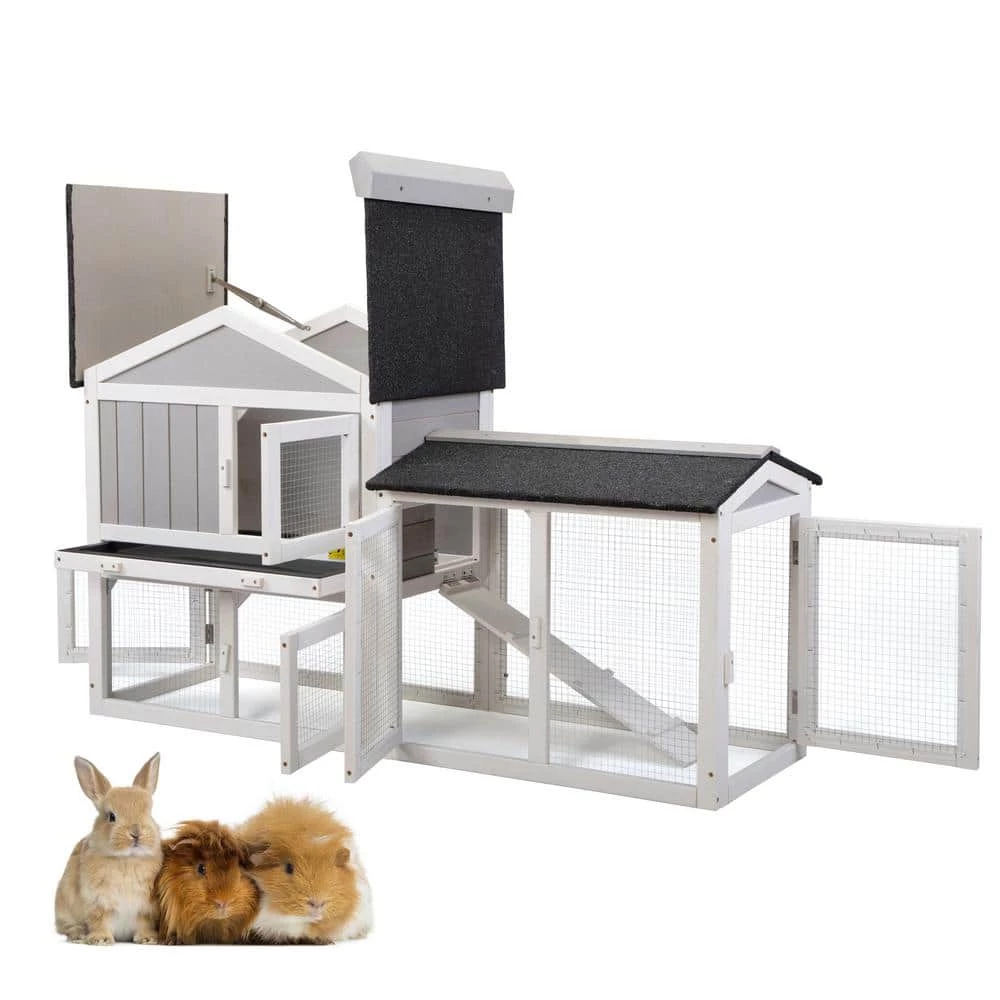 2-Tier Wooden Rabbit Hutch Pet House with Nest, Run and Tray by COZIWOW - Image 5