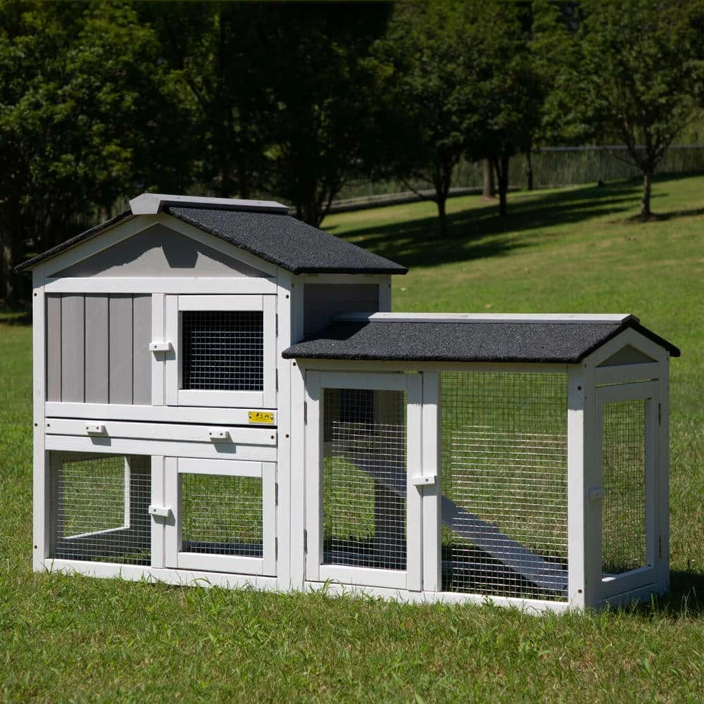2-Tier Wooden Rabbit Hutch Pet House with Nest, Run and Tray by COZIWOW - Image 2