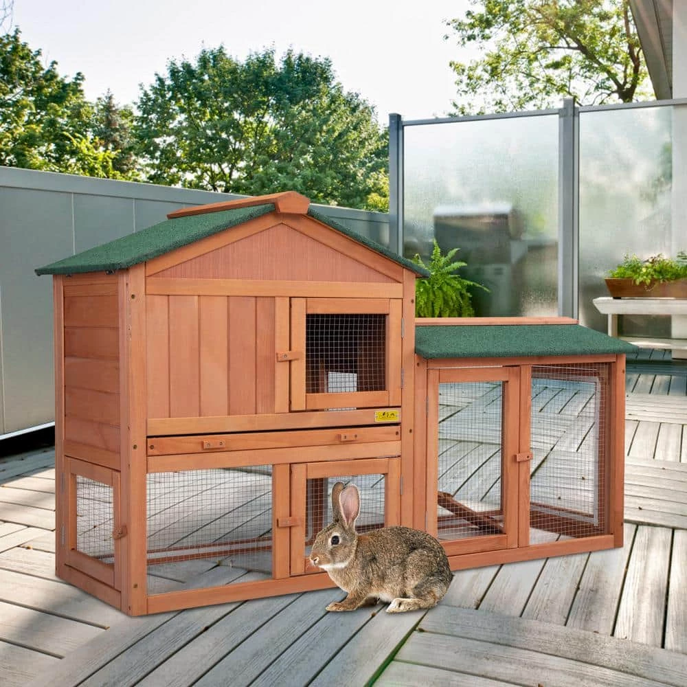 2-Tier Wooden Rabbit Hutch with Doors and Tray Orange by COZIWOW - Image 6