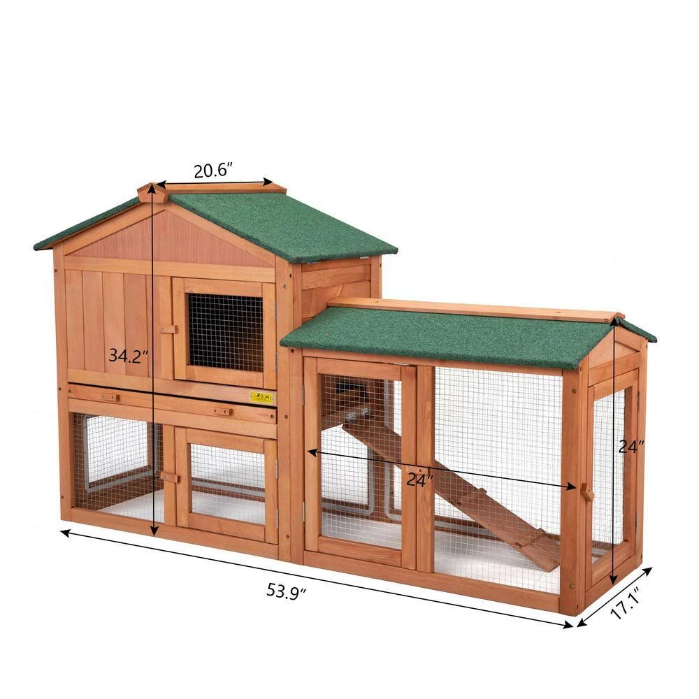 2-Tier Wooden Rabbit Hutch with Doors and Tray Orange by COZIWOW - Image 7
