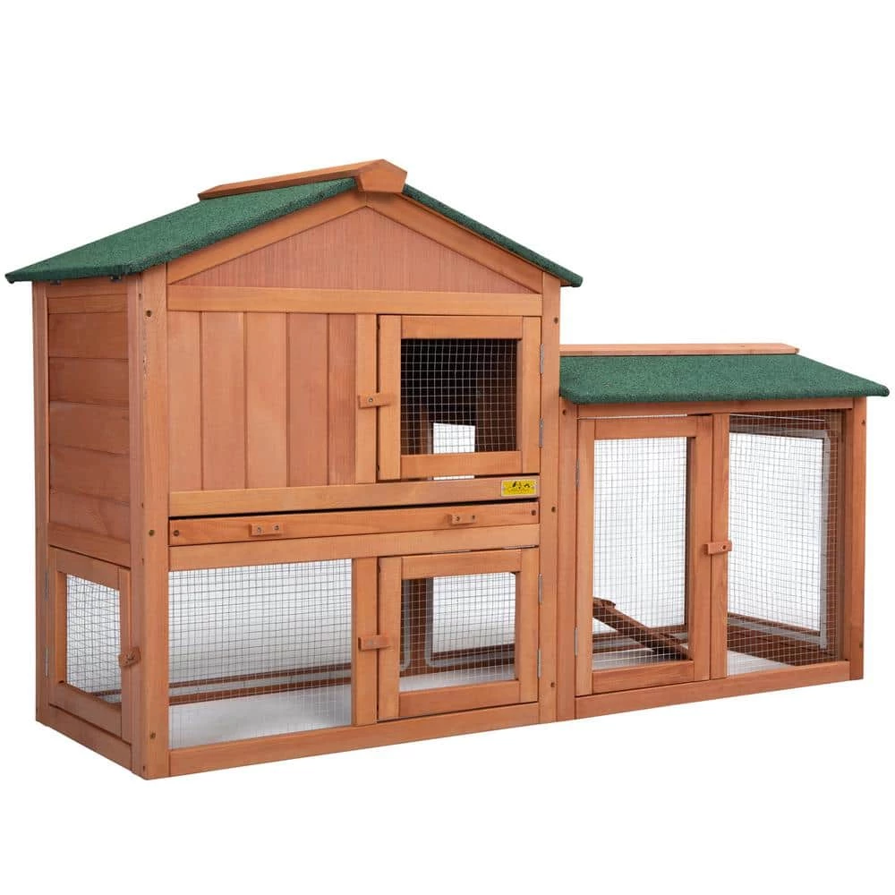 2-Tier Wooden Rabbit Hutch with Doors and Tray Orange by COZIWOW