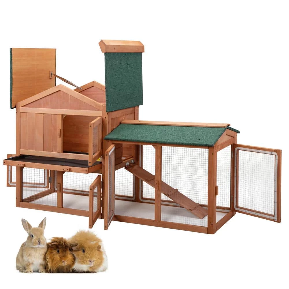 2-Tier Wooden Rabbit Hutch with Doors and Tray Orange by COZIWOW - Image 9