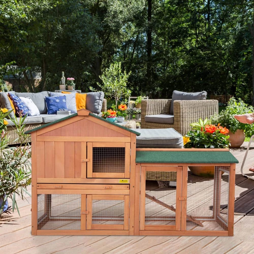 2-Tier Wooden Rabbit Hutch with Doors and Tray Orange by COZIWOW - Image 4