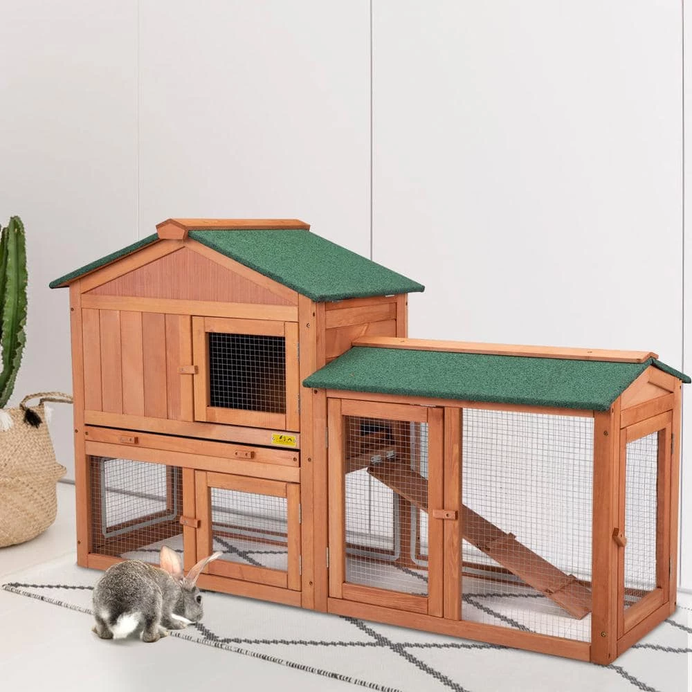 2-Tier Wooden Rabbit Hutch with Doors and Tray Orange by COZIWOW - Image 2