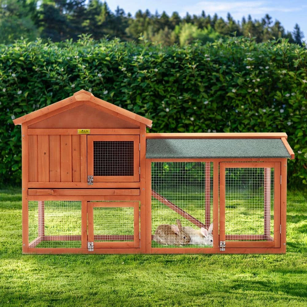 2-Tier Wooden Rabbit Hutch Outdoor Bunny Cage with Run Waterproof Roof by COZIWOW - Image 4