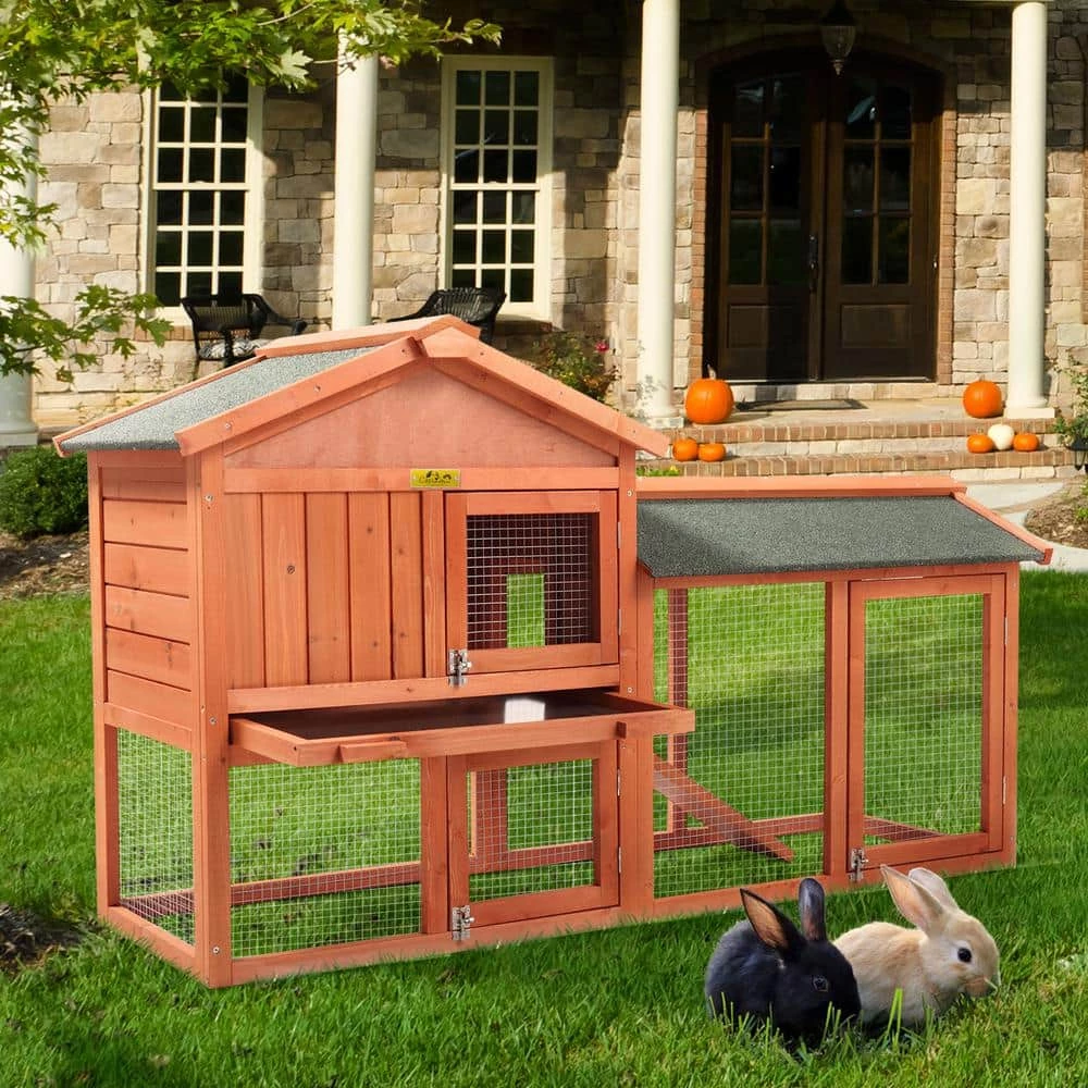 2-Tier Wooden Rabbit Hutch Outdoor Bunny Cage with Run Waterproof Roof by COZIWOW - Image 2