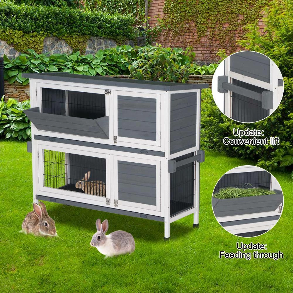 48 in. 2-Floors Wooden Rabbit Hutch Rabbit Hutch Chicken Coop House Wooden White Gray by Foobrues - Image 9