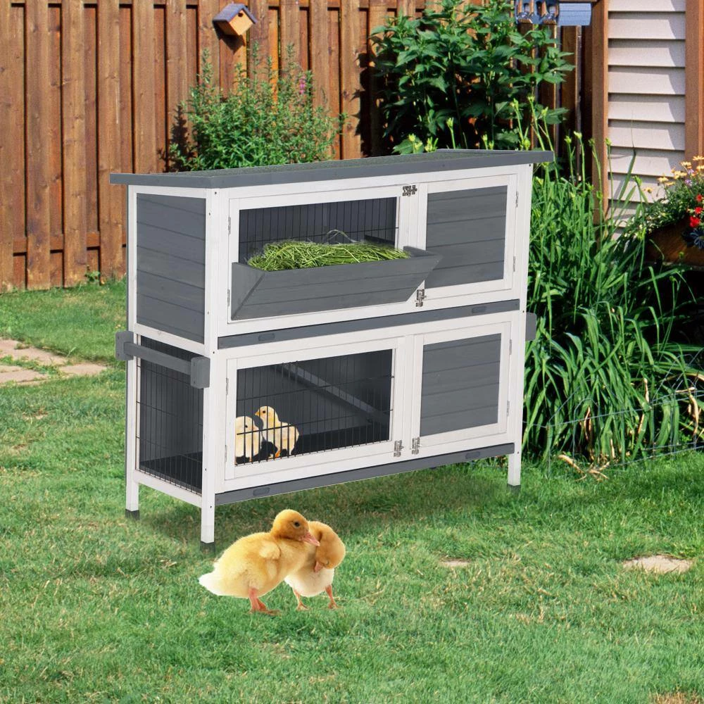 48 in. 2-Floors Wooden Rabbit Hutch Rabbit Hutch Chicken Coop House Wooden White Gray by Foobrues - Image 10