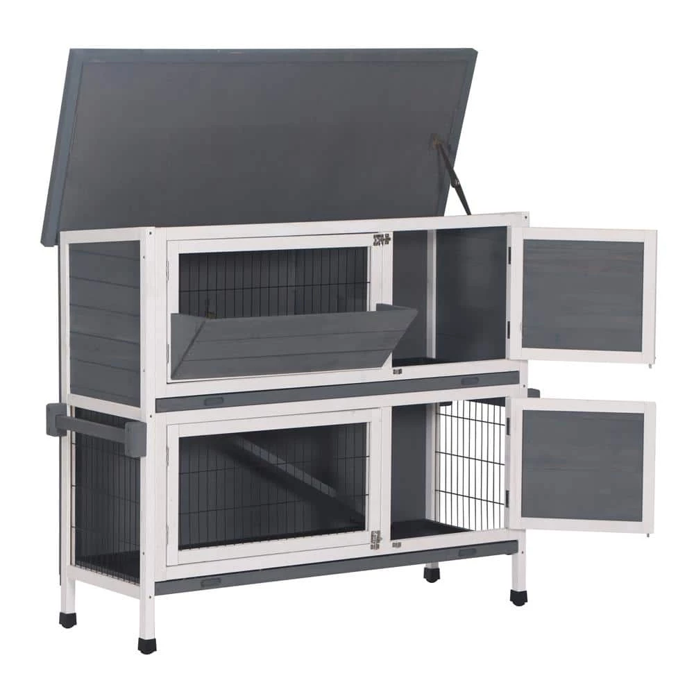 48 in. 2-Floors Wooden Rabbit Hutch Rabbit Hutch Chicken Coop House Wooden White Gray by Foobrues