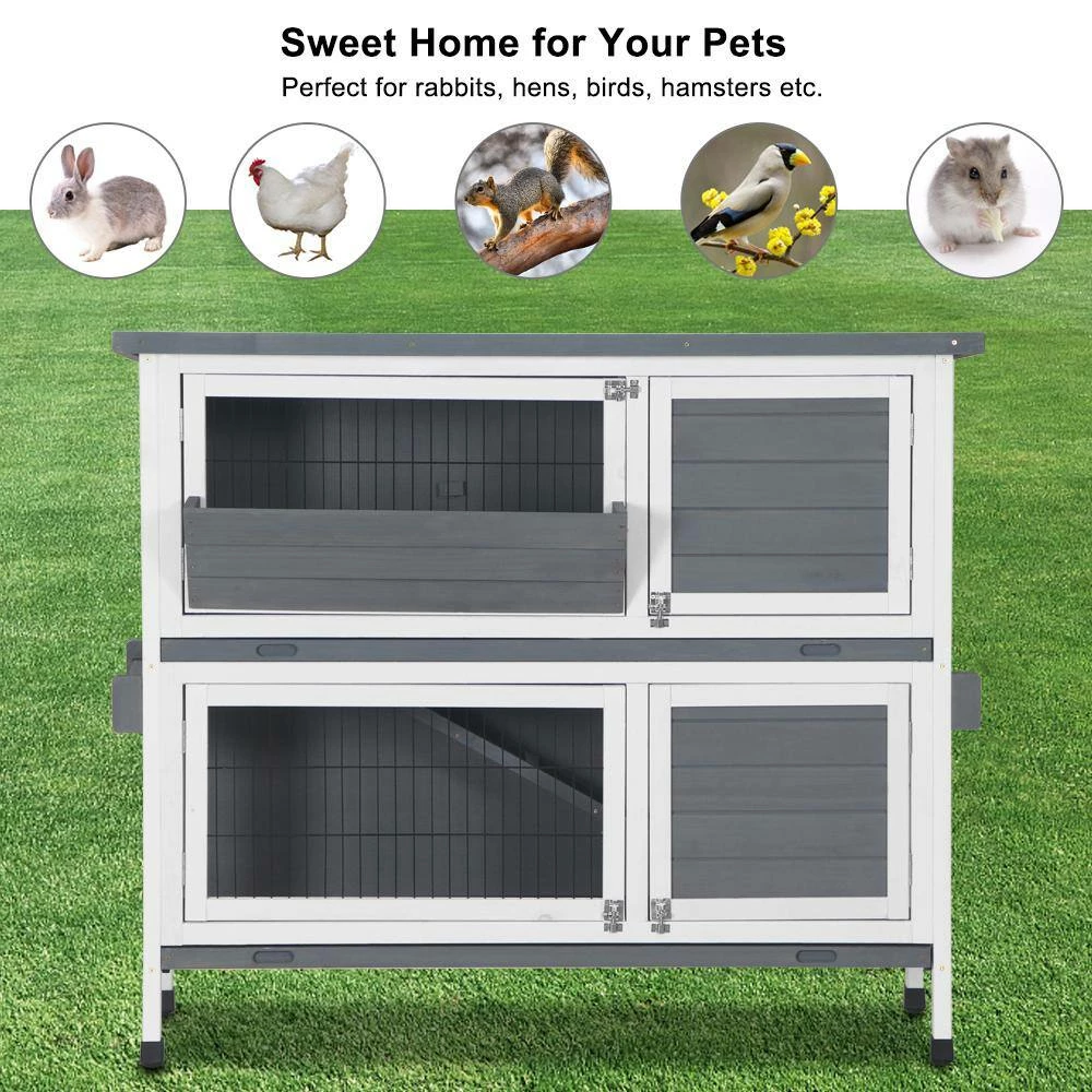 48 in. 2-Floors Wooden Rabbit Hutch Rabbit Hutch Chicken Coop House Wooden White Gray by Foobrues - Image 7