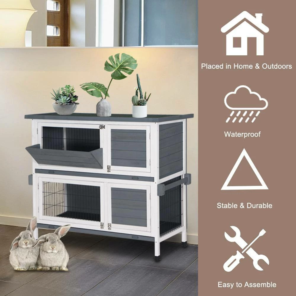 48 in. 2-Floors Wooden Rabbit Hutch Rabbit Hutch Chicken Coop House Wooden White Gray by Foobrues - Image 11